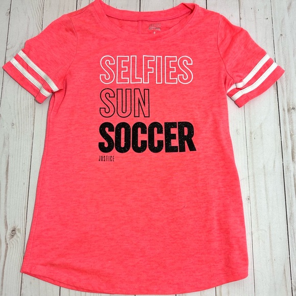 Justice Girls Orange "Selfies Sun Soccer" Short Sleeve Shirt - Size 8 - Picture 1 of 4